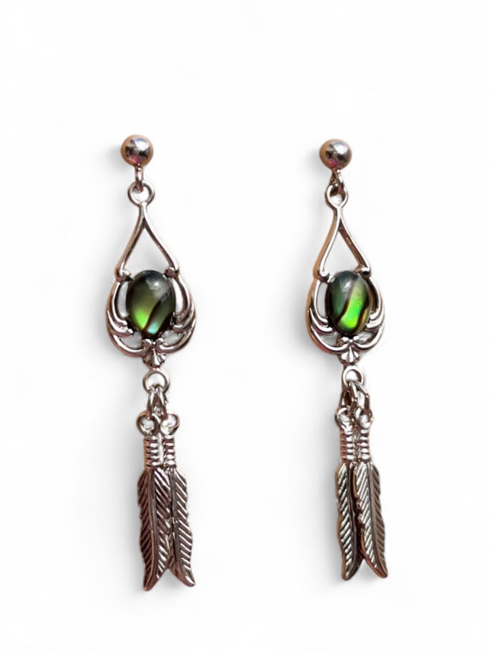 Paua Shell Dangle Earrings Silver Tone Feather Charm Iridescent Abalone Boho
